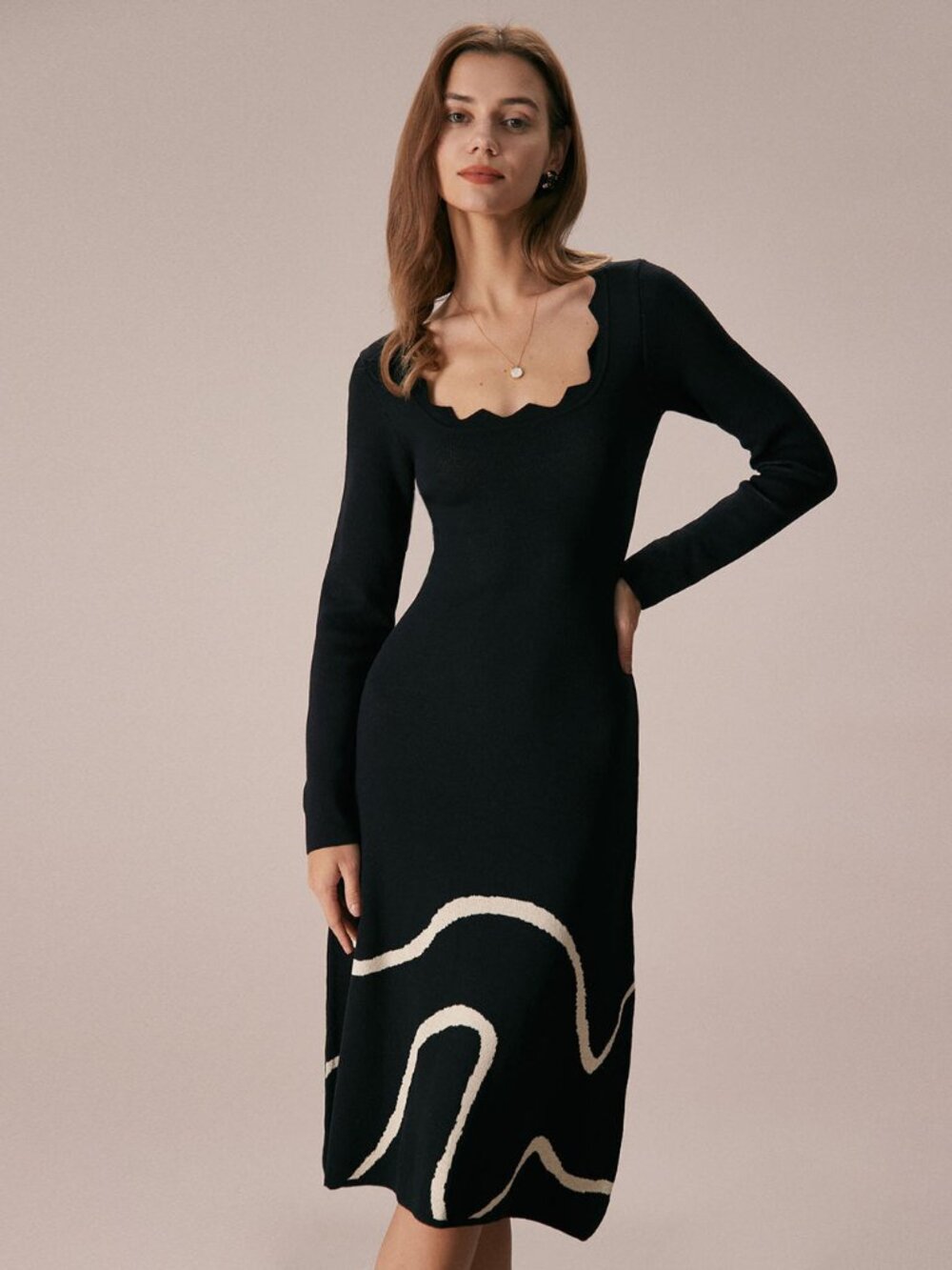 Black Wave Scalloped Sweater Midi Dress